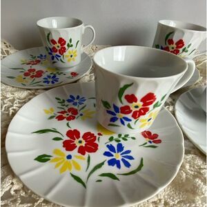 Luncheon set of four flowers, vintage Japan, four plates, 4 cups Rubel & Company